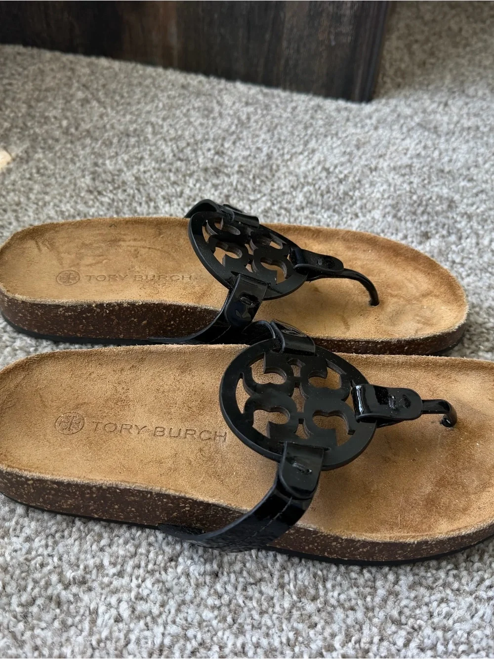 Tory Burch Black Patent Logo Thong Sandals